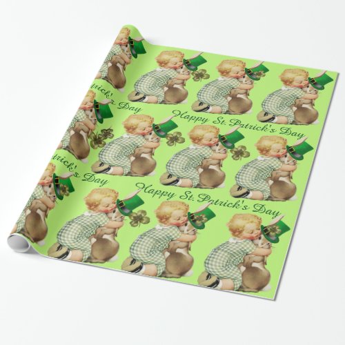 BABY HUGGING RABBIT IRISH ST PATRICKS DAY PARTY WRAPPING PAPER