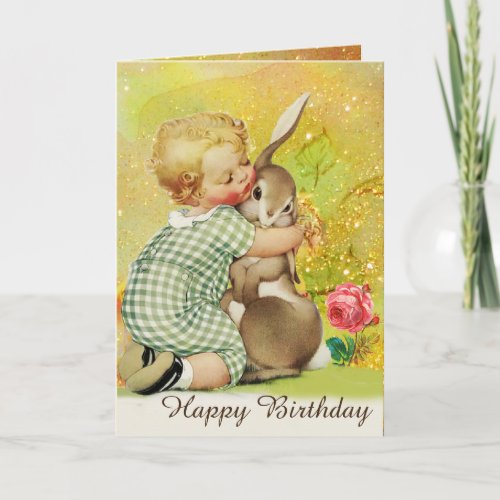BABY HUGGING RABBITPink RosesYellow Birthday Holiday Card
