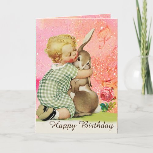 BABY HUGGING RABBITSparkling Pink Roses Birthday Holiday Card
