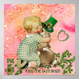 BABY HUGGING RABBIT St.Patrick's Day,Pink Floral Poster