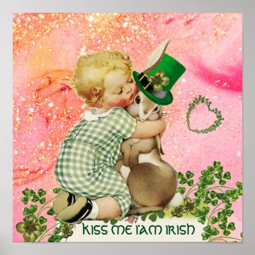 BABY HUGGING RABBIT StPatricks DayPink Floral Poster