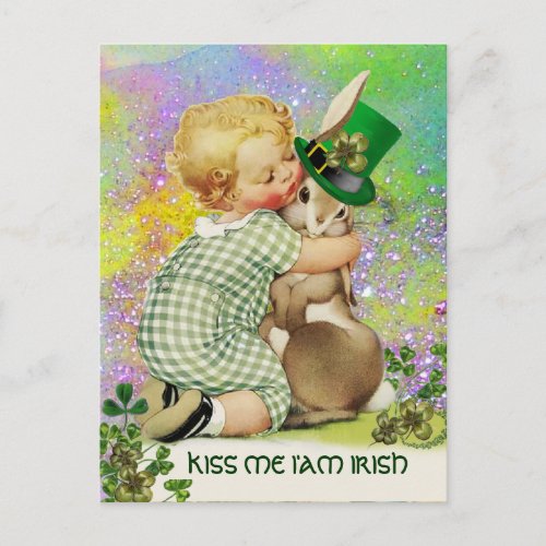BABY HUGGING RABBIT St Patricks Day Shamrocks Postcard