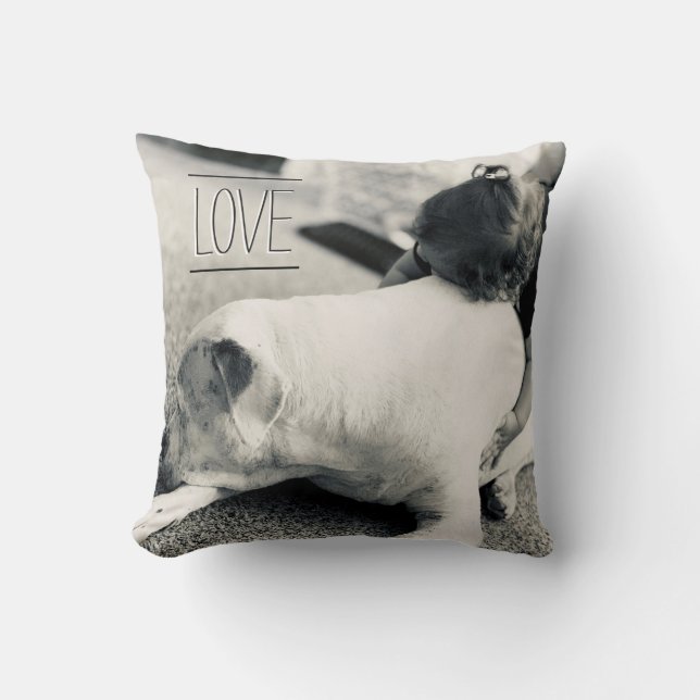 baby hugs dog pitbull love simple black white throw pillow (Front)