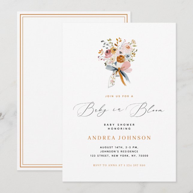 Baby In Bloom Autumn Floral with a Bow Baby Shower Invitation (Front/Back)