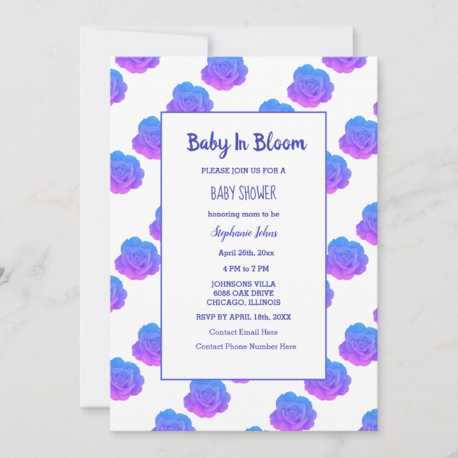 Baby In Bloom Baby Shower Blue Purple Pink Cute Invitation (Front)