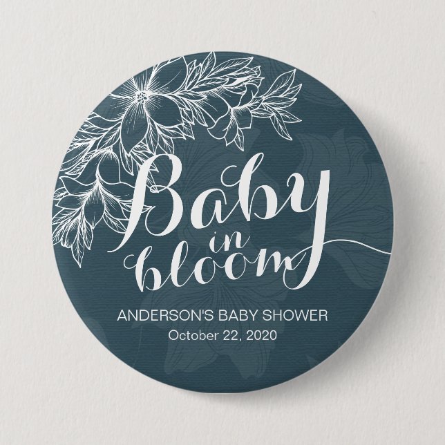 Baby in Bloom Baby Shower Blue White Floral Frame Button (Front)