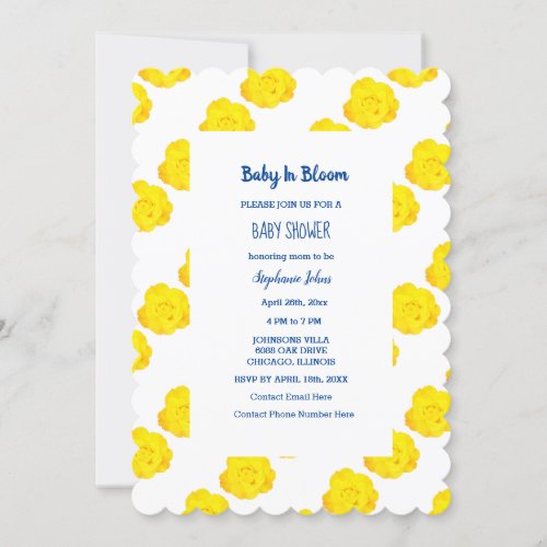 Baby In Bloom Baby Shower Blue Yellow Roses Floral Invitation
