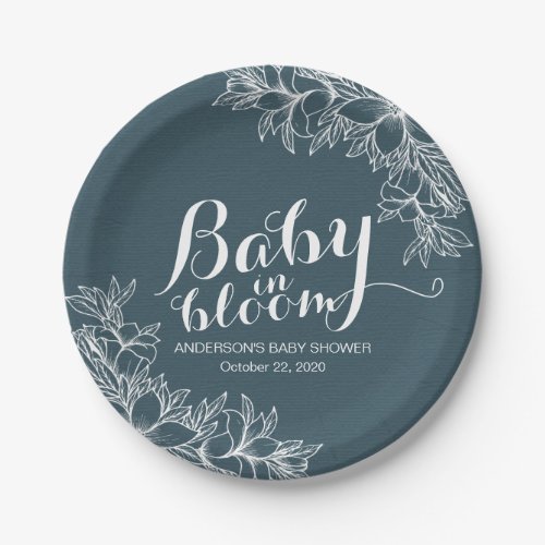 Baby in Bloom Baby Shower Chic Blue White Flowers Paper Plates