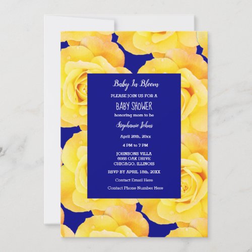 Baby In Bloom Baby Shower Golden Yellow Roses Blue Invitation