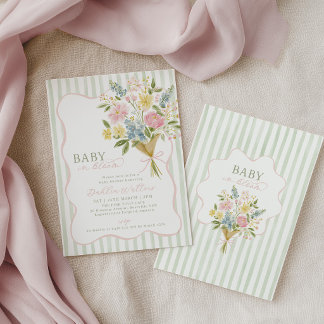 Baby in Bloom Baby Shower Green Pink Floral  Invitation