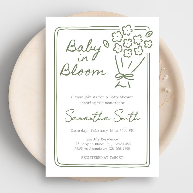 Baby In Bloom Baby Shower Invitation (Green Hand Drawn Baby in Bloom Baby Shower Invitation)