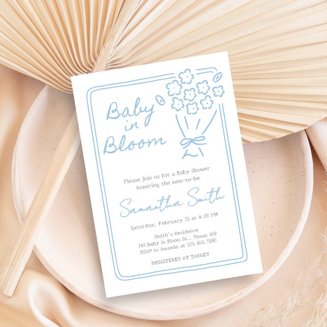 Baby In Bloom Baby Shower Invitation (Blue Hand Drawn Baby in Bloom Baby Shower Invitation)