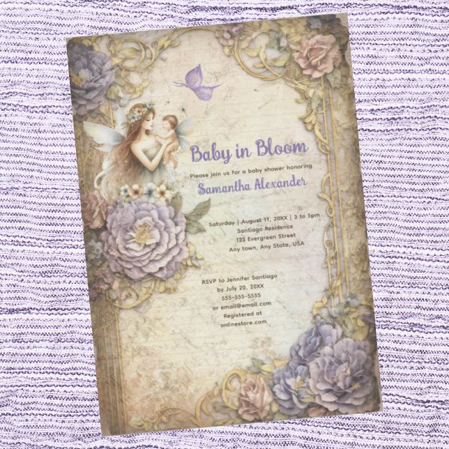 Baby in Bloom baby shower Invitation (Baby in Bloom baby shower invitation.  Fairy mom with baby fairy.  Antique vintage design.)