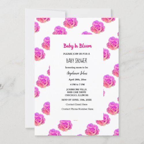Baby In Bloom Baby Shower Pink Floral Roses Girl Invitation
