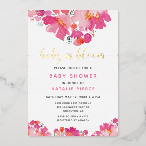Baby in Bloom Baby Shower Pink Floral Watercolor Foil Invitation