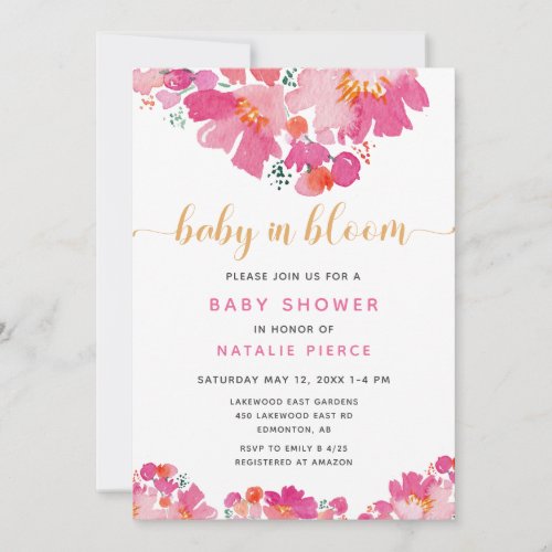 Baby in Bloom Baby Shower Pink Floral Watercolor I Invitation