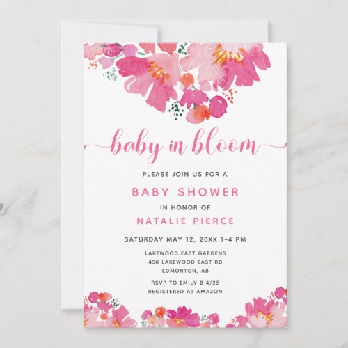 Baby in Bloom Baby Shower Pink Floral Watercolor Invitation