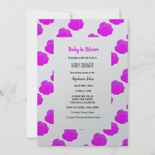 Baby In Bloom Baby Shower Pink Purple Roses Silver Invitation