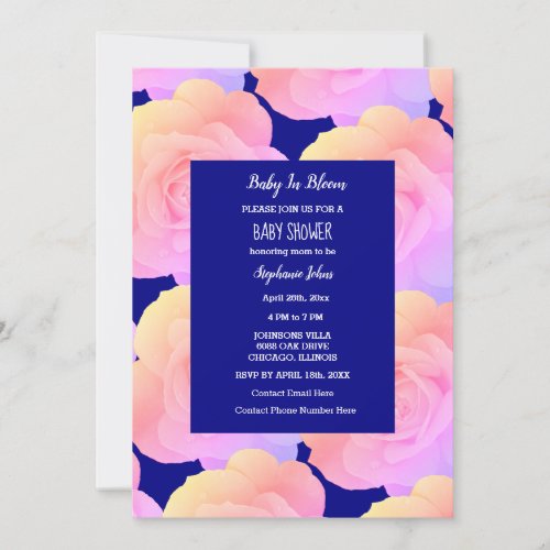 Baby In Bloom Baby Shower Pink Rose Floral Blue Invitation