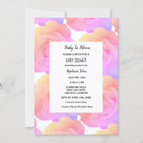 Baby In Bloom Baby Shower Pink Rose Floral Custom Invitation