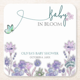 Baby In Bloom Baby Shower Purple Floral Square Paper Coaster