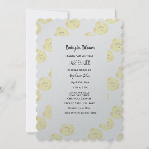 Baby In Bloom Baby Shower Rose Floral Grey Silver Invitation