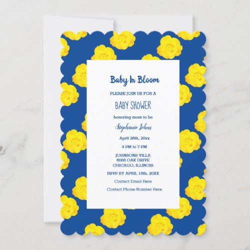 Baby In Bloom Baby Shower Yellow Navy Blue Floral Invitation
