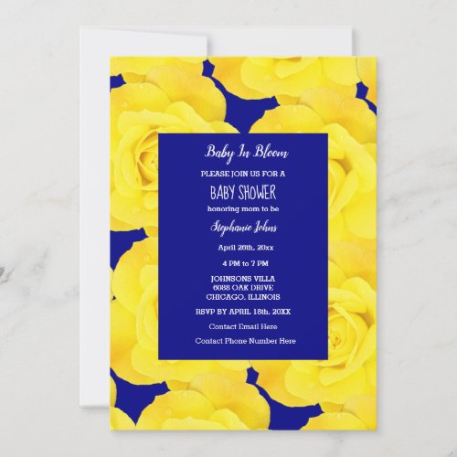 Baby In Bloom Baby Shower Yellow Rose Floral Blue Invitation