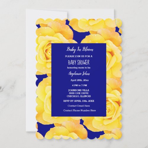 Baby In Bloom Baby Shower Yellow Roses Navy Blue Invitation