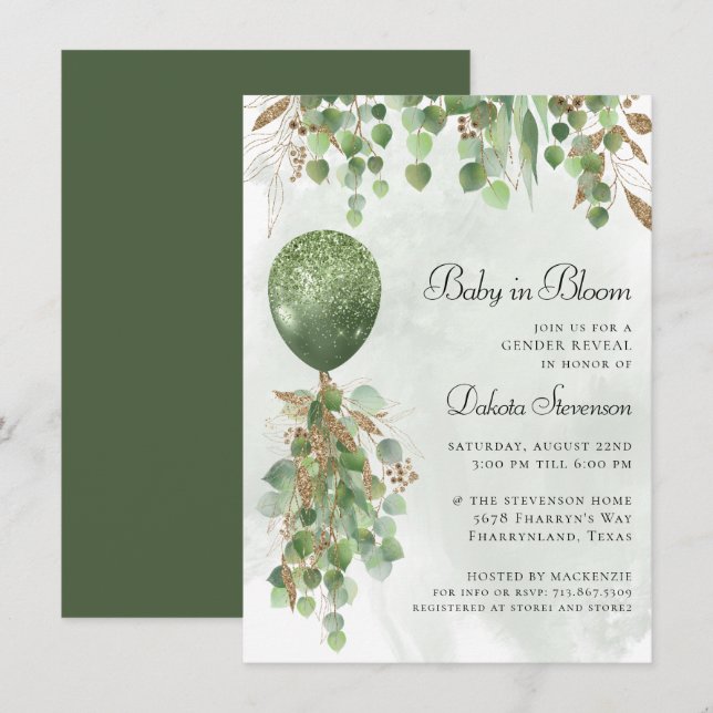 Baby In Bloom | Balloon and Eucalyptus Baby Shower Invitation (Front/Back)