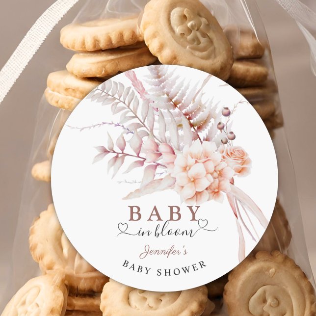 Baby in Bloom | Beige Spring Floral Baby Shower Classic Round Sticker (Creator Uploaded)
