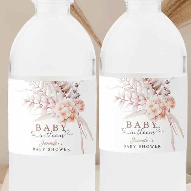 Baby in Bloom | Beige Spring Floral Baby Shower Water Bottle Label (Creator Uploaded)