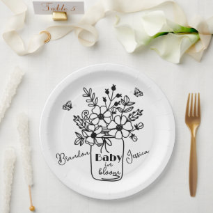 BABY IN BLOOM BLACK & WHITE SHOWER  PAPER PLATES