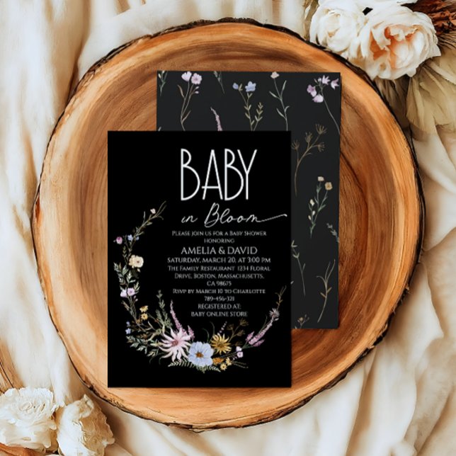 Baby in Bloom Black Wildflower Baby Shower Invitation (Creator Uploaded)