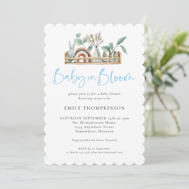 Baby In Bloom Blue Boho Toys Boy Shower Invitation (Standing Front)