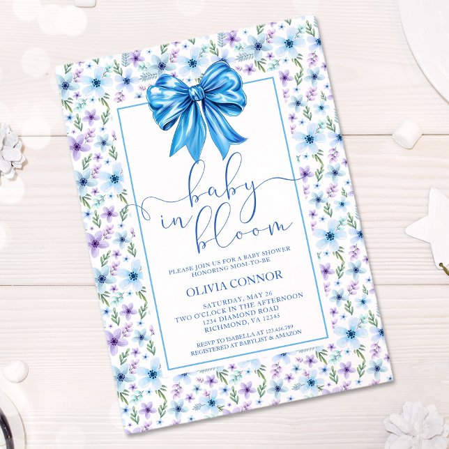 Baby in Bloom Blue Bow Boy Baby Shower Floral Invitation (Creator Uploaded)