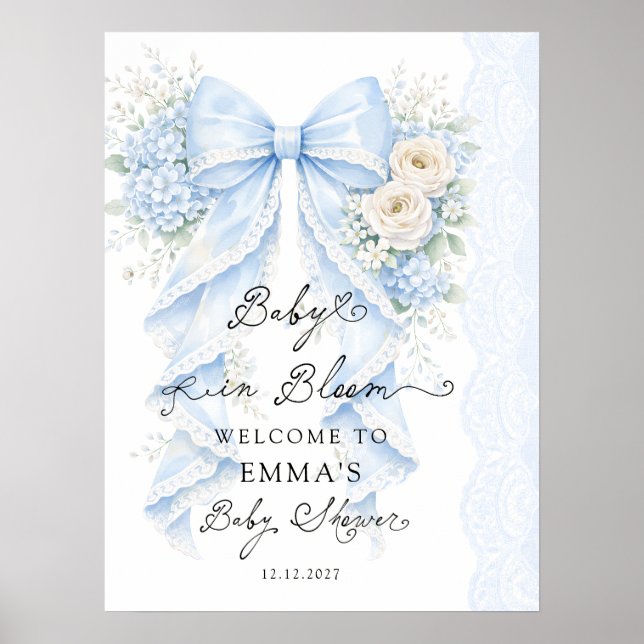Baby in Bloom Blue Bow Boy Baby Shower Welcome Poster (Front)