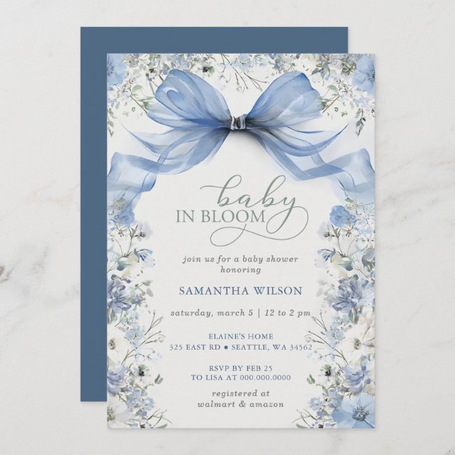 Baby in Bloom Blue Bow Floral Boy Baby Shower Invitation (Front/Back)