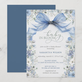 Baby in Bloom Blue Bow Floral Boy Baby Shower Invitation