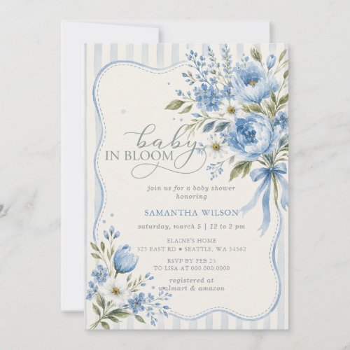 Baby in Bloom Blue bow Floral Boy Baby Shower Invitation