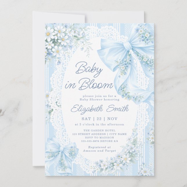 Baby in Bloom Blue Bow Floral Lace Baby Shower Invitation (Front)