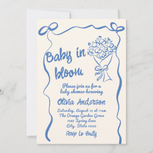Baby in Bloom Blue Drawn Flower Bouquet Shower Invitation