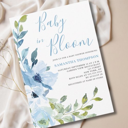 Baby In Bloom Blue Floral Baby Shower Invitation