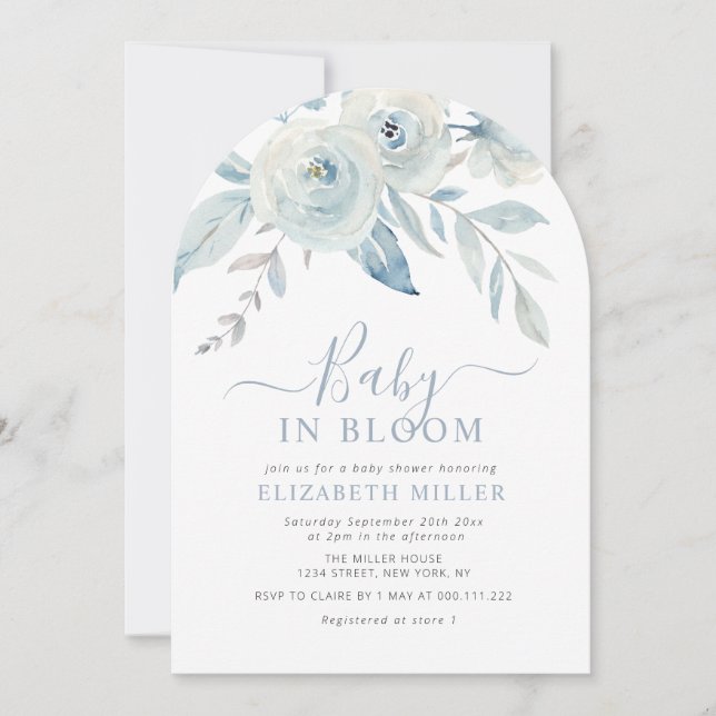 Baby in bloom blue floral baby shower invitation (Front)