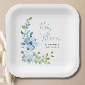 Baby In Bloom Blue Floral Baby Shower Paper Plates