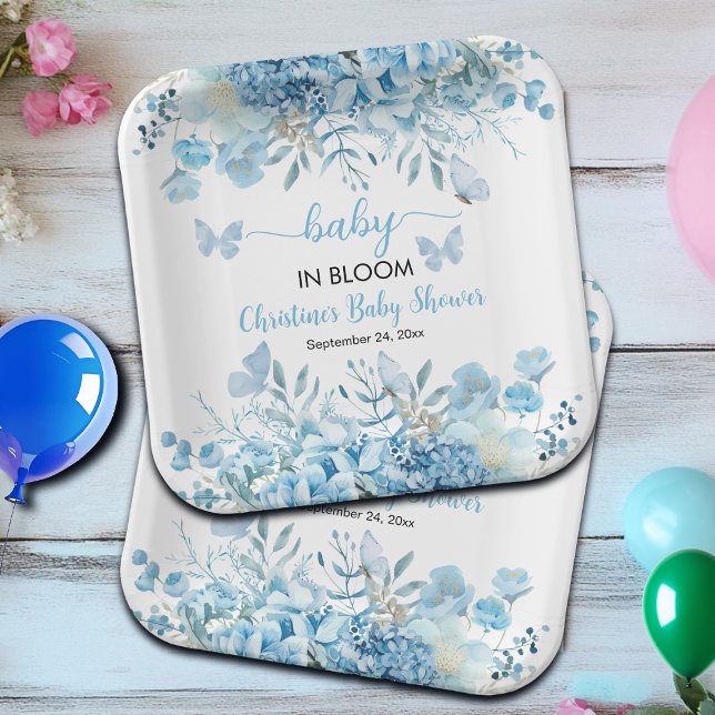 Baby in Bloom Blue Floral Baby Shower  Paper Plates (Creator Uploaded)
