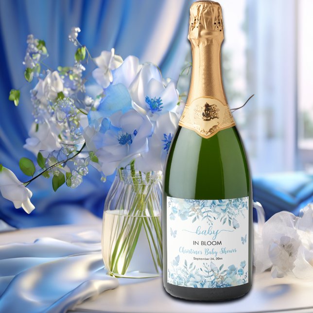 Baby in Bloom Blue Floral Baby Shower Sparkling Wine Label (Creator Uploaded)