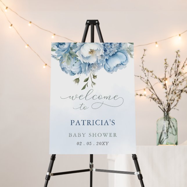 Baby in Bloom Blue Floral Baby Shower Welcome Sign (In Situ (Stand))