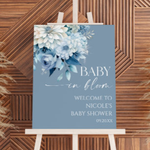 Baby In Bloom Blue Floral Baby Shower Welcome Sign