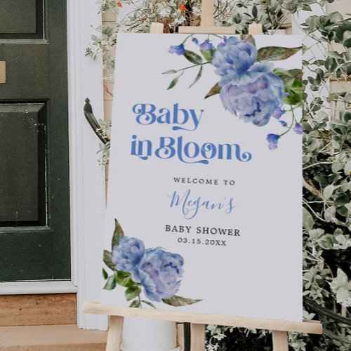 Baby In Bloom Blue Floral Baby Shower Welcome Sign